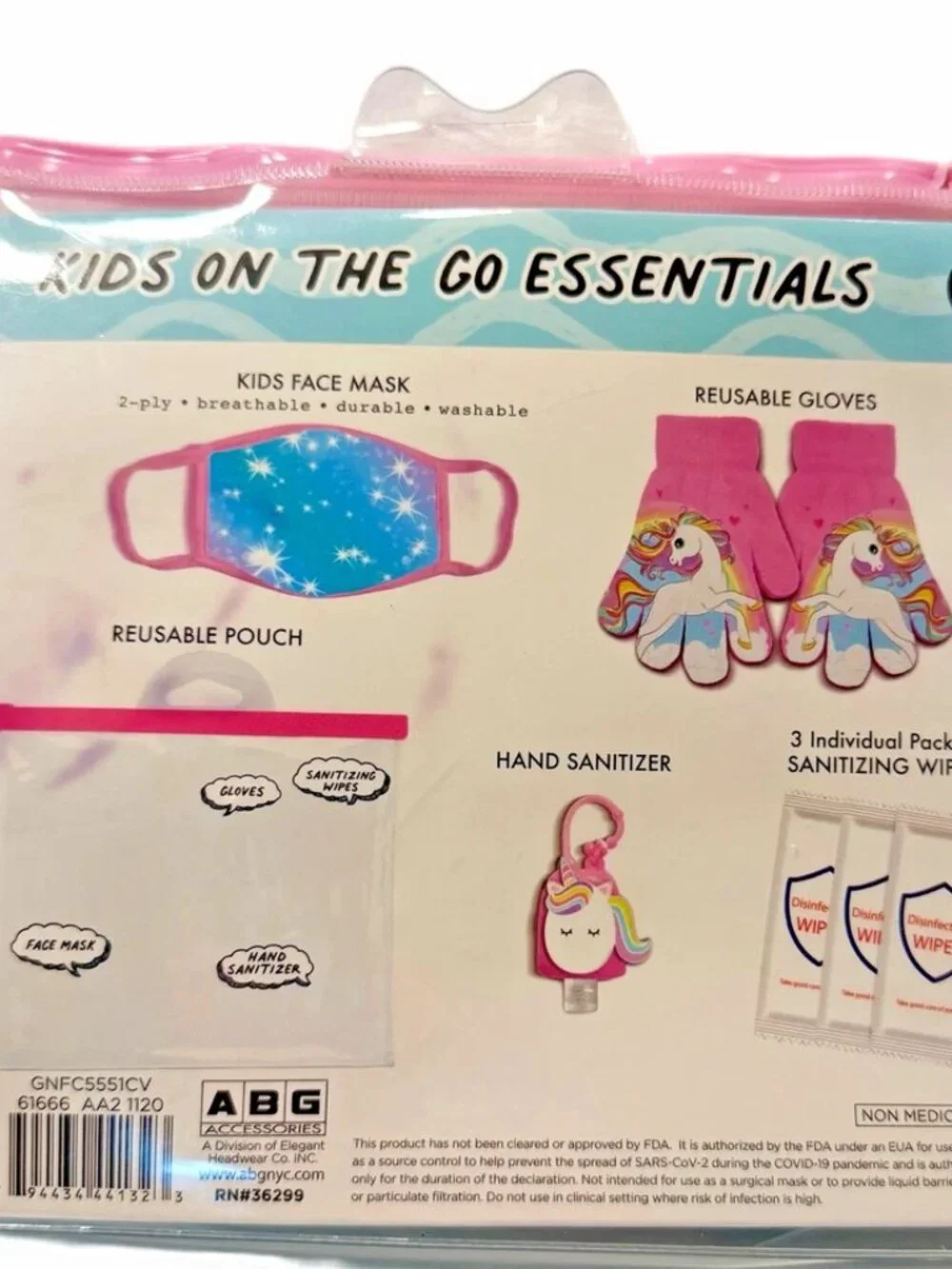 UNICORN Kids Essentials Flu / Cold Season Face Mask Hand Sanitizer Gloves NWT